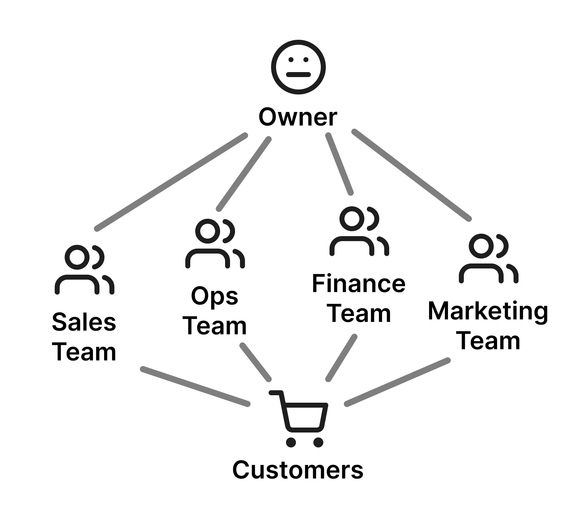 Growth stage business owner managing multiple teams - Sales, Operations, Finance, Marketing teams all reporting to owner